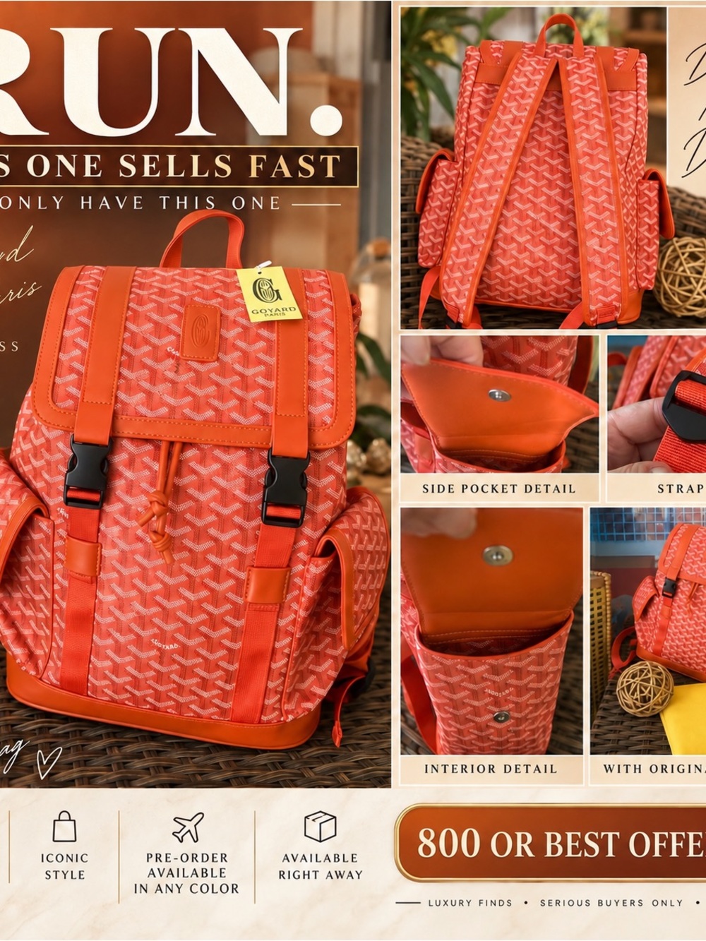Goyard Orange Signature Patterned Backpack